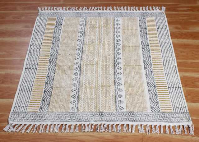 Handmade Block Printed Cotton Dhurrie Rug, Boho Kilim Style - 3x3 Ft - image 1