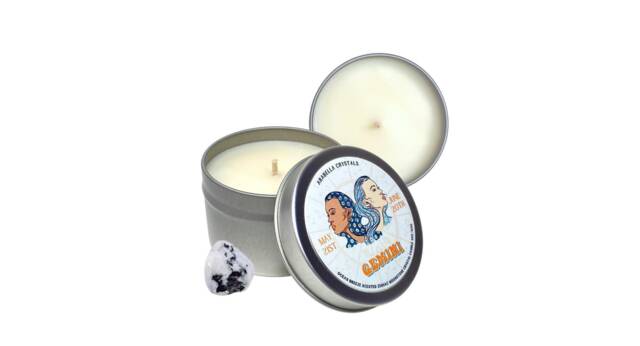 Gemini Zodiac Candle Crystal Infused Soy Candle With Rainbow Moonstone - image 1