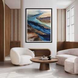 Ocean Landscape Art Print Abstract Coastal Painting Watercolour Alcohol Ink Style Blue & Gold Contemporary Decor Seascape Artwork Gift - thumbnail 2