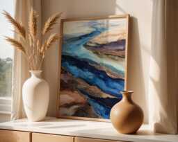 Ocean Landscape Art Print Abstract Coastal Painting Watercolour Alcohol Ink Style Blue & Gold Contemporary Decor Seascape Artwork Gift - thumbnail 1