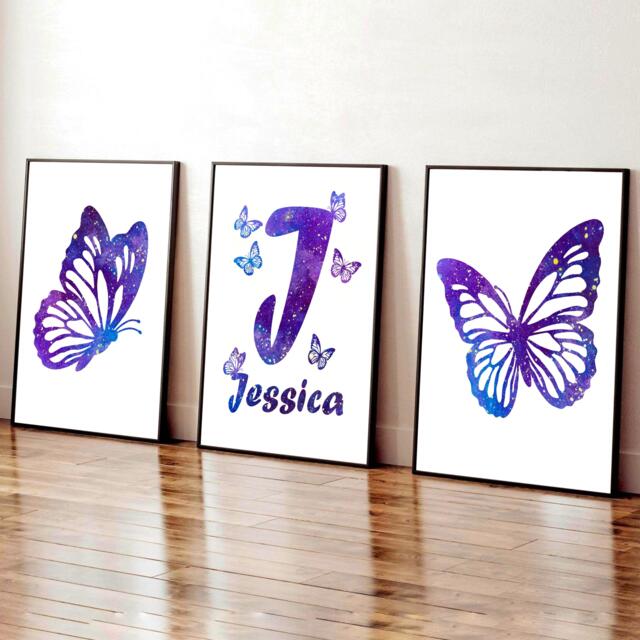 Personalized Purple Butterfly Prints Girl's Bedroom Wall Art Set - image 1