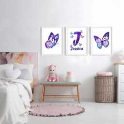 Personalized Purple Butterfly Prints Girl's Bedroom Wall Art Set - thumbnail 2