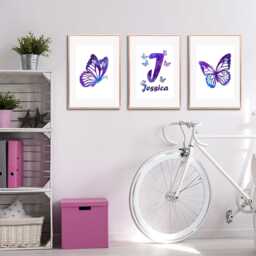 Personalized Purple Butterfly Prints Girl's Bedroom Wall Art Set - thumbnail 3
