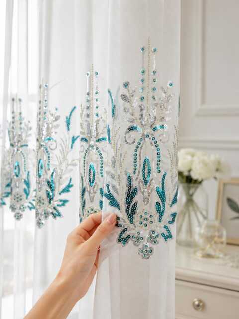 White Sheer Curtains, Teal Silver Sequin Floral Embroidery, Luxury Voile Panel Drapes - image 1