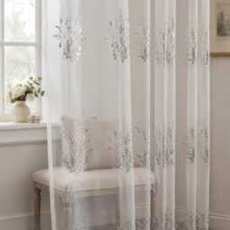 White Sheer Curtains, Teal Silver Sequin Floral Embroidery, Luxury Voile Panel Drapes - thumbnail 4