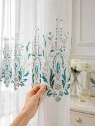 White Sheer Curtains, Teal Silver Sequin Floral Embroidery, Luxury Voile Panel Drapes - thumbnail 1