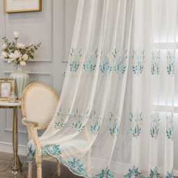 White Sheer Curtains, Teal Silver Sequin Floral Embroidery, Luxury Voile Panel Drapes - thumbnail 2