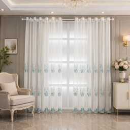 White Sheer Curtains, Teal Silver Sequin Floral Embroidery, Luxury Voile Panel Drapes - thumbnail 3