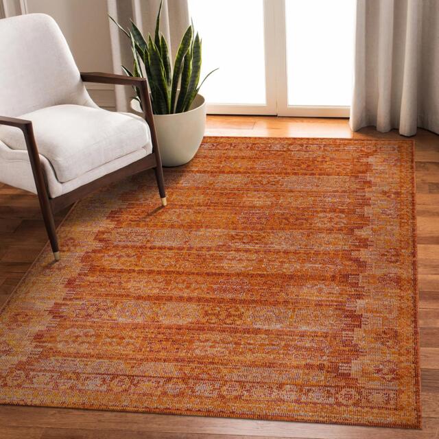 Orange Vintage Style Area Rug, Faded Oriental Pattern, Distressed Look Boho Carpet For Living Room & Bedroom - image 1