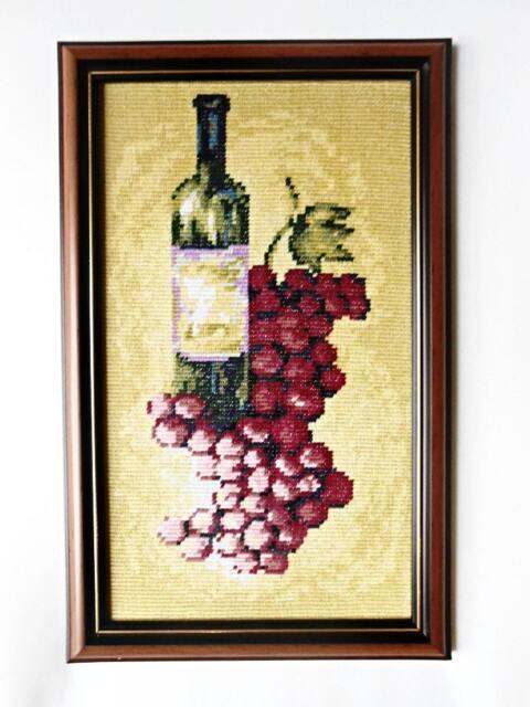 Completed Cross Stitch Framed Embroidery Gobelin Red Wine Bottle Grape, Home Needlecraft Decoration, Finished Picture Wall Decor - image 1