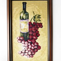 Completed Cross Stitch Framed Embroidery Gobelin Red Wine Bottle Grape, Home Needlecraft Decoration, Finished Picture Wall Decor - thumbnail 3