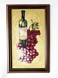 Completed Cross Stitch Framed Embroidery Gobelin Red Wine Bottle Grape, Home Needlecraft Decoration, Finished Picture Wall Decor - thumbnail 1