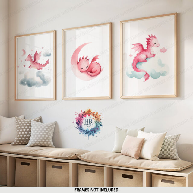 Pink Dragon Nursery Prints - Set Of 3 Wall Art - Boys & Girls Bedroom Artwork Playroom Posters Kids Dragons Decor - image 1
