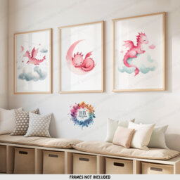 Pink Dragon Nursery Prints - Set Of 3 Wall Art - Boys & Girls Bedroom Artwork Playroom Posters Kids Dragons Decor - thumbnail 1