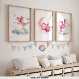 Pink Dragon Nursery Prints - Set Of 3 Wall Art - Boys & Girls Bedroom Artwork Playroom Posters Kids Dragons Decor - thumbnail 2