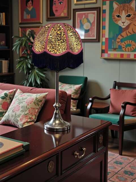 Traditional Handmade Leopard Animal Print Fabric Dome Lampshade With Fuchsia Braid & Black Fringe, Made in The UK - image 1