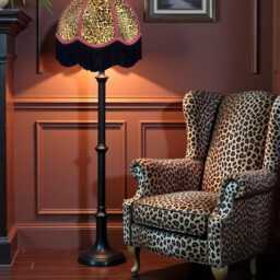 Traditional Handmade Leopard Animal Print Fabric Dome Lampshade With Fuchsia Braid & Black Fringe, Made in The UK - thumbnail 2