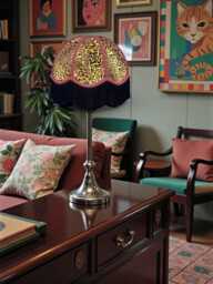 Traditional Handmade Leopard Animal Print Fabric Dome Lampshade With Fuchsia Braid & Black Fringe, Made in The UK - thumbnail 1