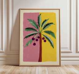 Palm Tree Wall Art, Tropical Boho Poster in Pink & Yellow, Modern Abstract Botanical Print, Summer Home Decor For Living Room Or Hallway - thumbnail 1