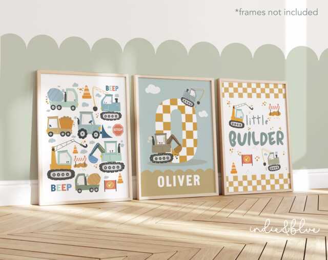 Set Of 3 Personalised Construction Vehicles Prints, Boy Bedroom Decor, Cars Playroom Teen & Tween - image 1