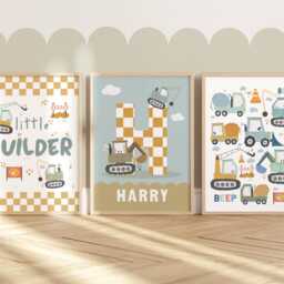 Set Of 3 Personalised Construction Vehicles Prints, Boy Bedroom Decor, Cars Playroom Teen & Tween - thumbnail 2