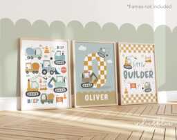 Set Of 3 Personalised Construction Vehicles Prints, Boy Bedroom Decor, Cars Playroom Teen & Tween - thumbnail 1