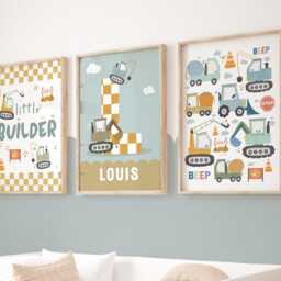 Set Of 3 Personalised Construction Vehicles Prints, Boy Bedroom Decor, Cars Playroom Teen & Tween - thumbnail 3