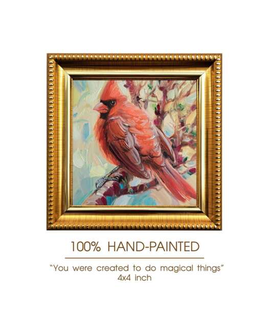 Cardinal Bird Miniature Oil Painting Original Red Art - 4x4, Loss Of Loved Gift Red Bird Artwork, Home Decor Small Art Framed 4x4 - image 1