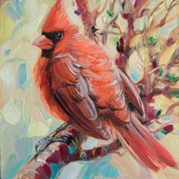 Cardinal Bird Miniature Oil Painting Original Red Art - 4x4, Loss Of Loved Gift Red Bird Artwork, Home Decor Small Art Framed 4x4 - thumbnail 2