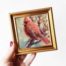 Cardinal Bird Miniature Oil Painting Original Red Art - 4x4, Loss Of Loved Gift Red Bird Artwork, Home Decor Small Art Framed 4x4 - thumbnail 3