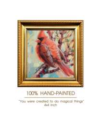 Cardinal Bird Miniature Oil Painting Original Red Art - 4x4, Loss Of Loved Gift Red Bird Artwork, Home Decor Small Art Framed 4x4 - thumbnail 1