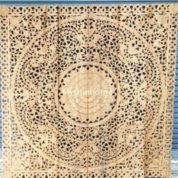 Carved Wood King Headboard, Wooden Mandala Wall Art Bohemian Headboard Thai Carving Large Panel Teak Brown - thumbnail 4