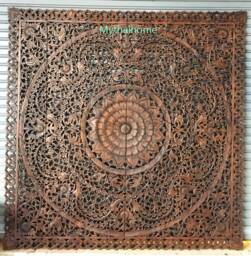 Carved Wood King Headboard, Wooden Mandala Wall Art Bohemian Headboard Thai Carving Large Panel Teak Brown