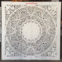 Carved Wood King Headboard, Wooden Mandala Wall Art Bohemian Headboard Thai Carving Large Panel Teak Brown - thumbnail 3