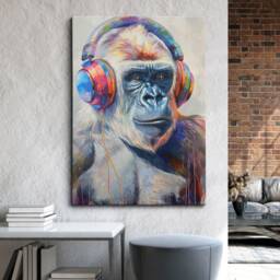 Gorilla With Headphones Painting Splatter Wall Art, Framed Canvas Poster Print, Home Kitchen Office Room Decor, Gifts - thumbnail 1