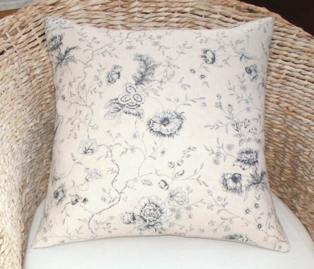 Kate Forman Antoinette Cushion Cover, UK Designer Indigo Floral Linen - Vintage Style Blue Toile Cottage Chic - image 1