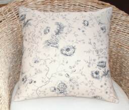 Kate Forman Antoinette Cushion Cover, UK Designer Indigo Floral Linen - Vintage Style Blue Toile Cottage Chic - thumbnail 1