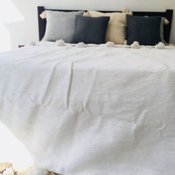 Moroccan White Pompom Throw Blanket With Tassel - Duvet Cover Made From Hand Woven Cotton Sofa Couch Bed End - thumbnail 2