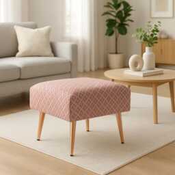 Linen Upholstered Footstool - Rose Gold Legs, Vintage Modern Ottoman