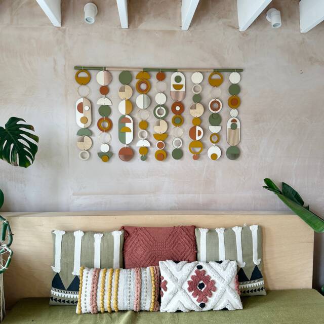 Handmade Mid-Century Wall Tapestry Yellow, Green & Orange Wood Beads - image 1