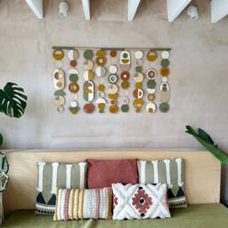 Handmade Mid-Century Wall Tapestry Yellow, Green & Orange Wood Beads - thumbnail 1