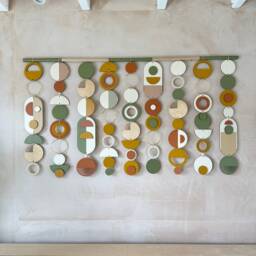 Handmade Mid-Century Wall Tapestry Yellow, Green & Orange Wood Beads - thumbnail 3