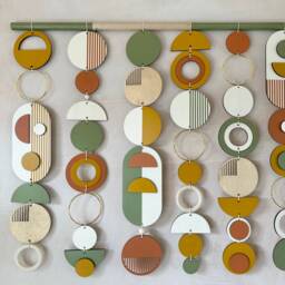 Handmade Mid-Century Wall Tapestry Yellow, Green & Orange Wood Beads - thumbnail 4