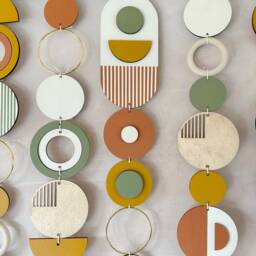 Handmade Mid-Century Wall Tapestry Yellow, Green & Orange Wood Beads - thumbnail 2