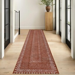 Handmade Cotton Runner Rug Brown & White Block Print Kilim - thumbnail 3
