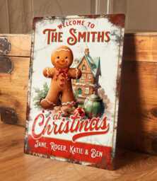 Personalised Christmas Sign Metal Wall Door Decor Ginger Bread Man Traditional Family Accessory Gift, Vintage Plaque, 200mm X 305mm