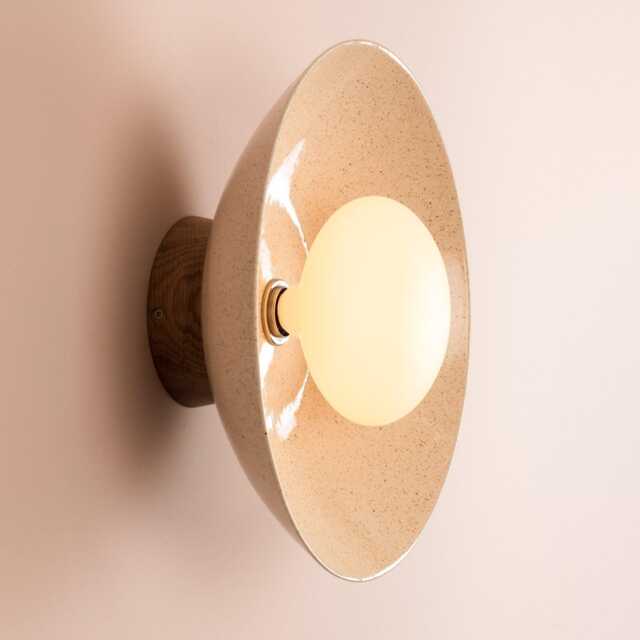Speckled Cream Gloss Dawn Wall Light Sconce in Ceramic & Oak - image 1