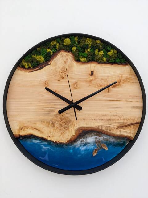 Wooden Wall Clock With Moss, Green Moss Scandinavian Home Decor, Resin Wood Art - image 1