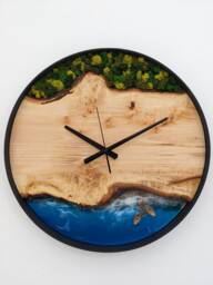 Wooden Wall Clock With Moss, Green Moss Scandinavian Home Decor, Resin Wood Art