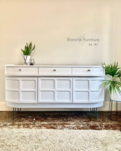 Mid Century Luxury Sideboard Nathan - Curved Teak Brilliant White Steel Hairpin Legs - image 1